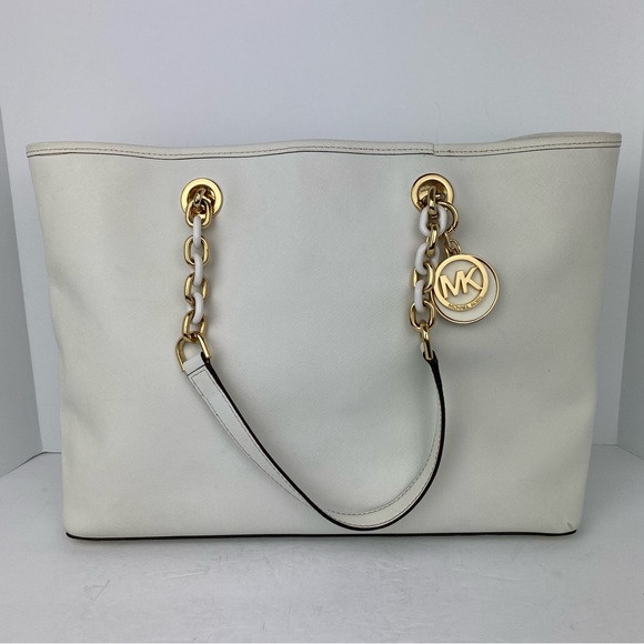 Michael Kors Cynthia Optic White Saffiano Leather Tote Bag - Picture 1 of 16